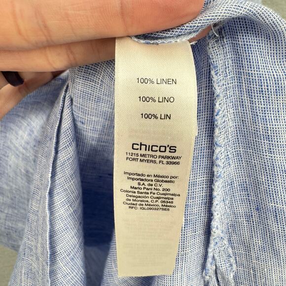Chico’s Sz 1 Heather Blue Linen Long Line Button Front Side Slit Tunic Shirt - Picture 14 of 16